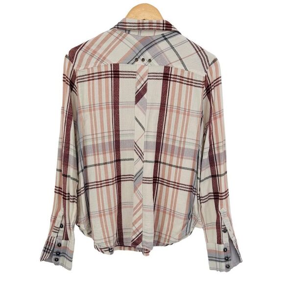 Free People Wesley plaid button up flannel shirt cream and pink size xsmall - Picture 4 of 7